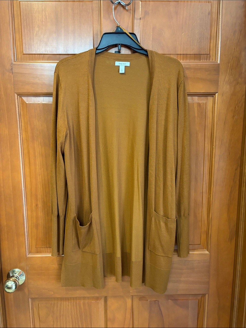 Nine West Open-Front Cardigan in Warm Caramel Brown/burnt orange.